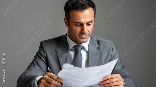 Executive Businessman Analyzing Proposal Documents with Focus and Determination, Representing Decision-Making and Professionalism in Corporate Environment