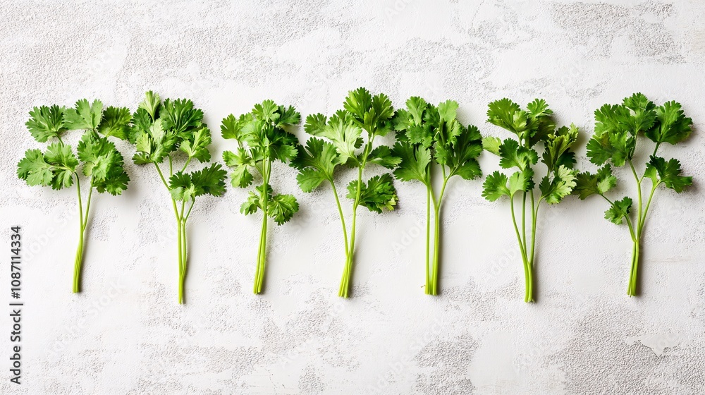 Isolated on white background delicate cilantro sprigs arranged symmetrically for an airy composition and side empty space for text Stockphoto style Isolated on white background delicate cilantro sprigs arranged symmetrically for an airy composition and side empty space for text Stockphoto style