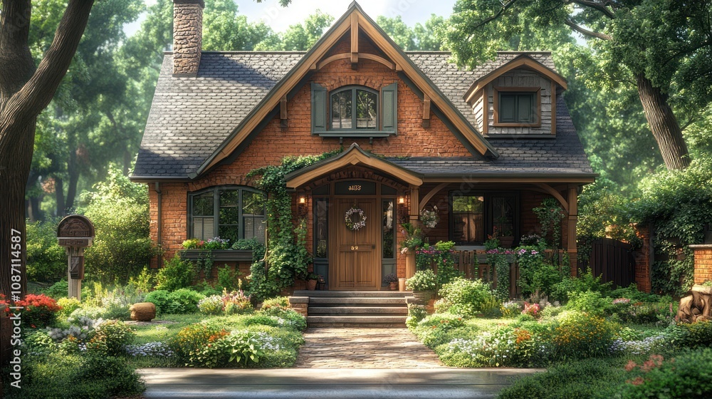 Charming brick house surrounded by lush greenery and colorful flowers. Charming brick house surrounded by lush greenery and colorful flowers.