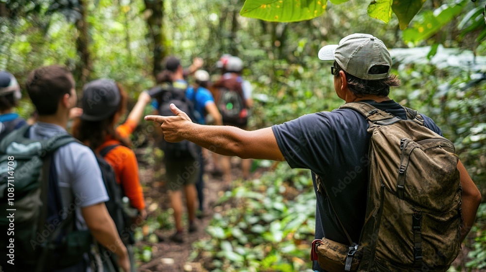 A jungle trekking guide pointing out wildlife, while the group explores the lush environment. A jungle trekking guide pointing out wildlife, while the group explores the lush environment.