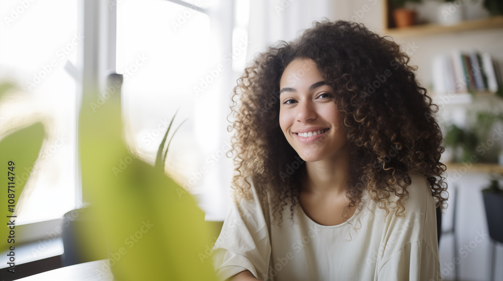 smiling young woman sitting at bright home workspace in modern apartment interior with plants and simple decor smiling young woman sitting at bright home workspace in modern apartment interior with plants and simple decor