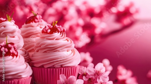 Pink cream cupcakes adorned with cherry toppings, surrounded by lush cherry blossom flowers in a soft pink setting.