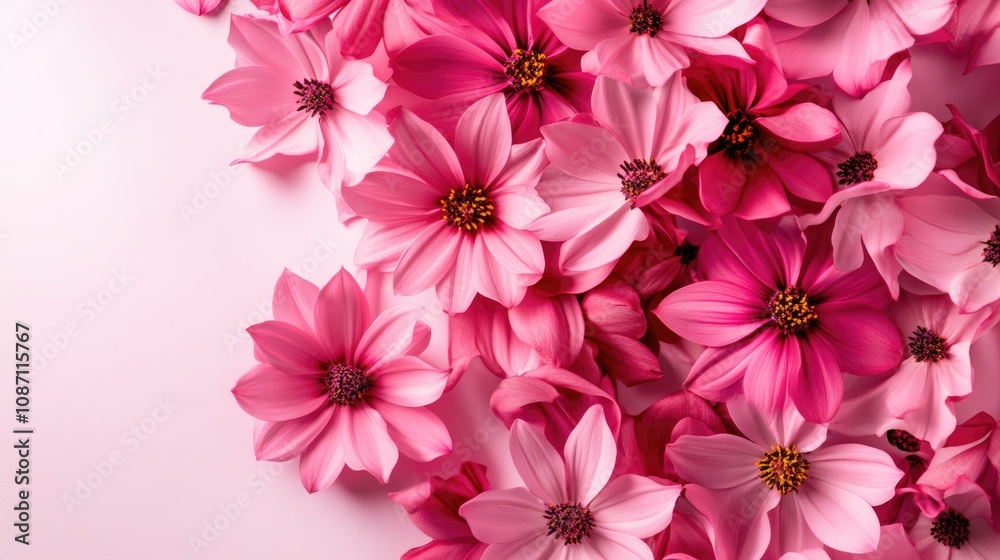 Vibrant pink flowers arranged on a soft white background, capturing the essence of spring in a beautifully composed flat lay. Vibrant pink flowers arranged on a soft white background, capturing the essence of spring in a beautifully composed flat lay.
