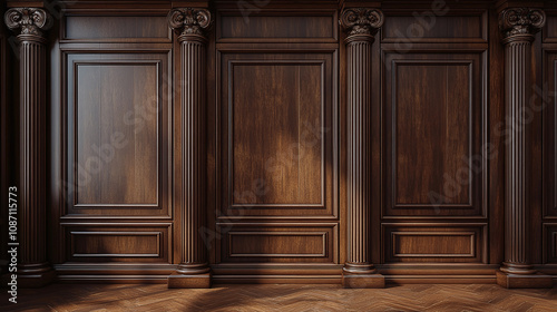 Close-up of premium luxury wooden paneling with ornate columns and warm lighting. Classic interior design perfect for elegance and sophistication concepts.