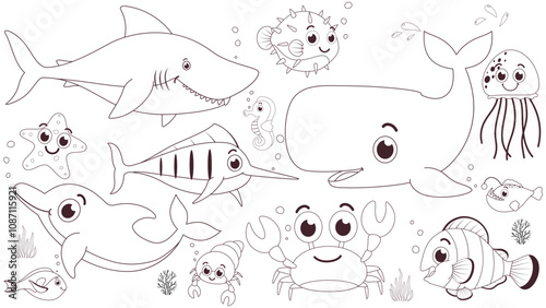 Black and white underwater animals cartoon coloring pages