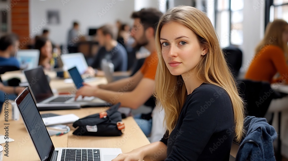 Busy Coworking Space with People Working on Laptops and Networking