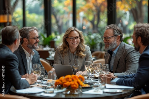 A group of business people are sitting around metting table an open laptop on the table in a modern office interior with panoramic windows.