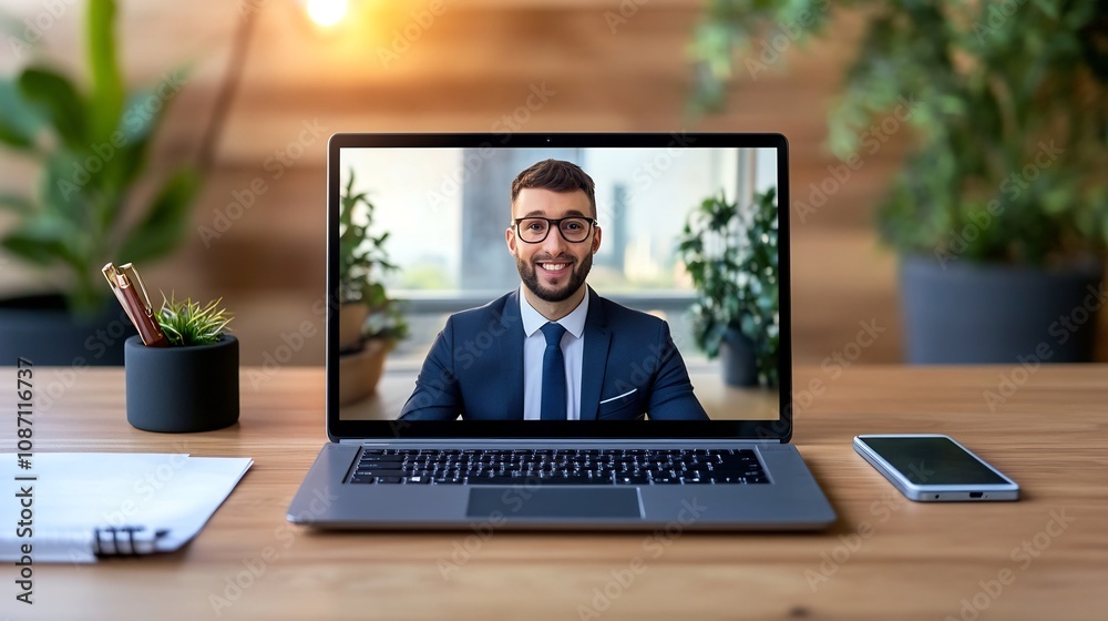Top View of Remote Work Desk with Business Essentials and Video Call Top View of Remote Work Desk with Business Essentials and Video Call