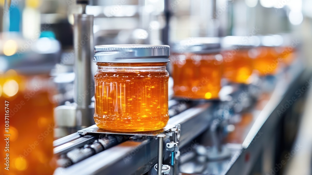 Jars of Honey Moving on a Conveyor Belt Jars of Honey Moving on a Conveyor Belt