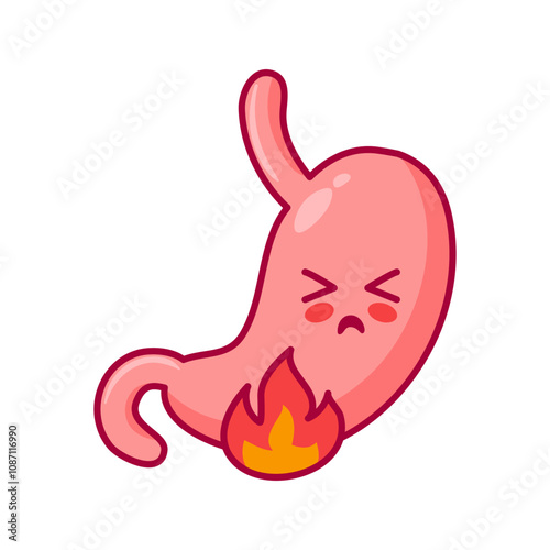 The stomach suffers from heartburn. Cute cartoon character in kawaii style. Esophageal reflux, digestive system. Vector flat illustration. Health problems. For books, design. Medical brochure template