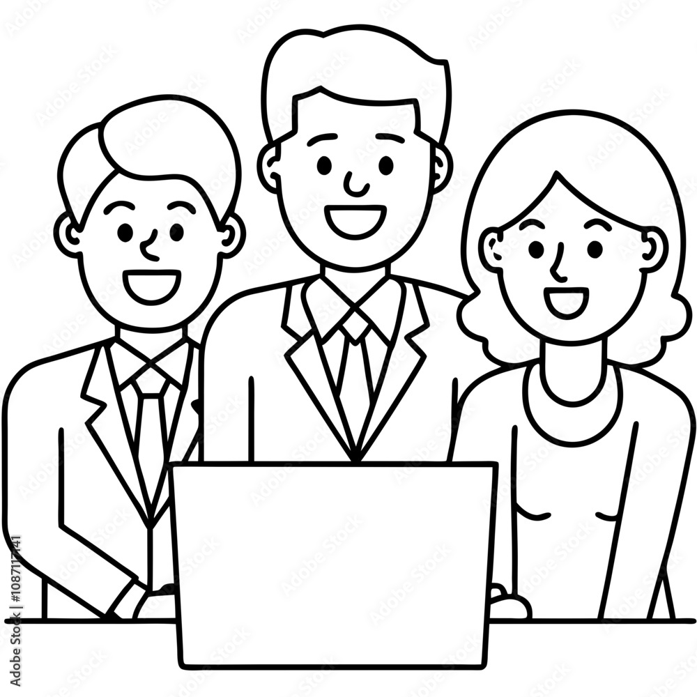 smiling businesspeople collaborate on computer smiling businesspeople collaborate on computer