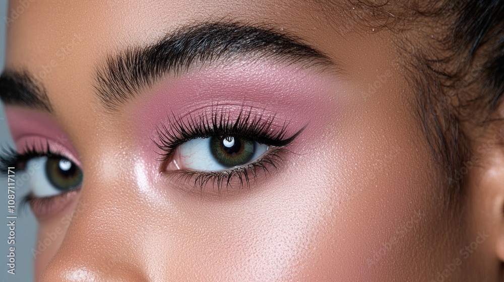 Obraz premium A woman with long eyelashes and green eyes is wearing pink eye shadow