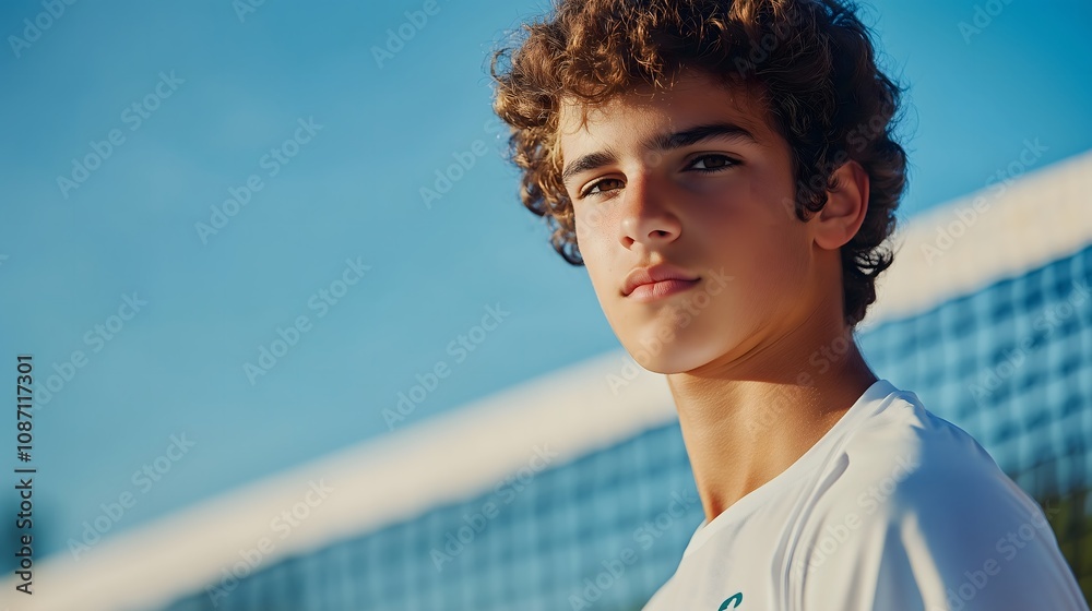 Athletic teenage boy in white sports jersey against blue sky background at tennis court, copy space Athletic teenage boy in white sports jersey against blue sky background at tennis court, copy space