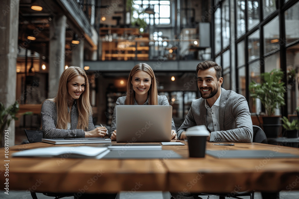 A group of business people are sitting around metting table an open laptop on the table in a modern office interior with panoramic windows. A group of business people are sitting around metting table an open laptop on the table in a modern office interior with panoramic windows.