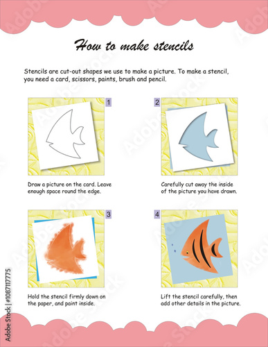 Stencil for children. Handmade Paper Craft Ideas. The project of children's creativity, crafts, crafts for children. Fish, wood carving, paper cut and printing. Vector illustration.
