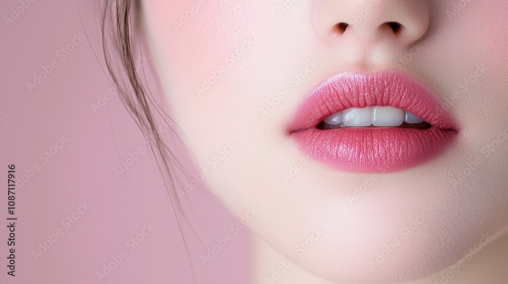A woman's face with a pink lip color A woman's face with a pink lip color