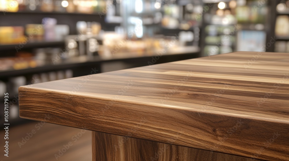 Table and blur background, Wooden counter over blur bokeh light background, Brown wood table top, shelf for food and retail shop, store product display backdrop, banner, mockup, template Table and blur background, Wooden counter over blur bokeh light background, Brown wood table top, shelf for food and retail shop, store product display backdrop, banner, mockup, template