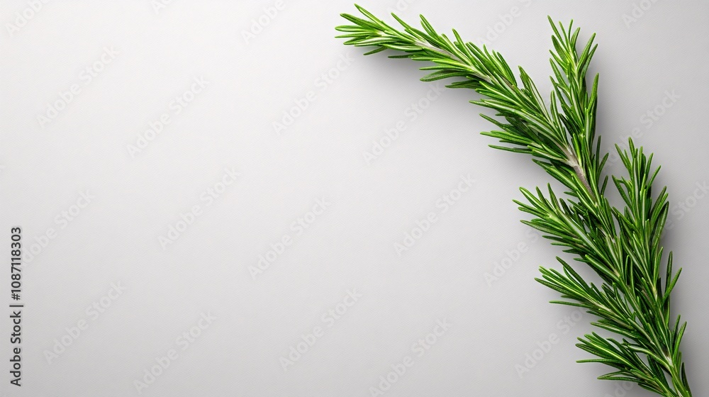 Fototapeta premium Isolated on white background single rosemary sprig placed horizontally with even needle alignment for simplicity and freshness and side empty space for text Stockphoto style