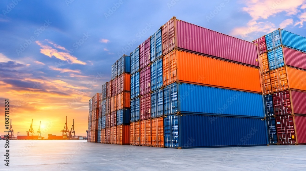 Fototapeta premium Stacked Shipping Containers at Sunset in Harbor Port for Import-Export Business