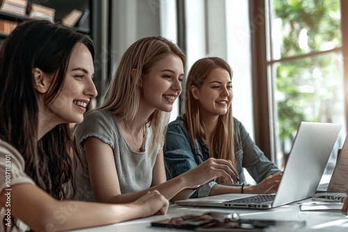 A group of business people are sitting around metting table an open laptop on the table in a modern office interior with panoramic windows.