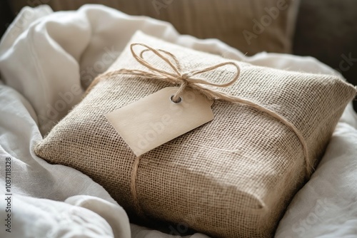 Present wrapped in burlap and tied with brown string with a small handmade tag with copy space. Minimalist Christmas gift concept.