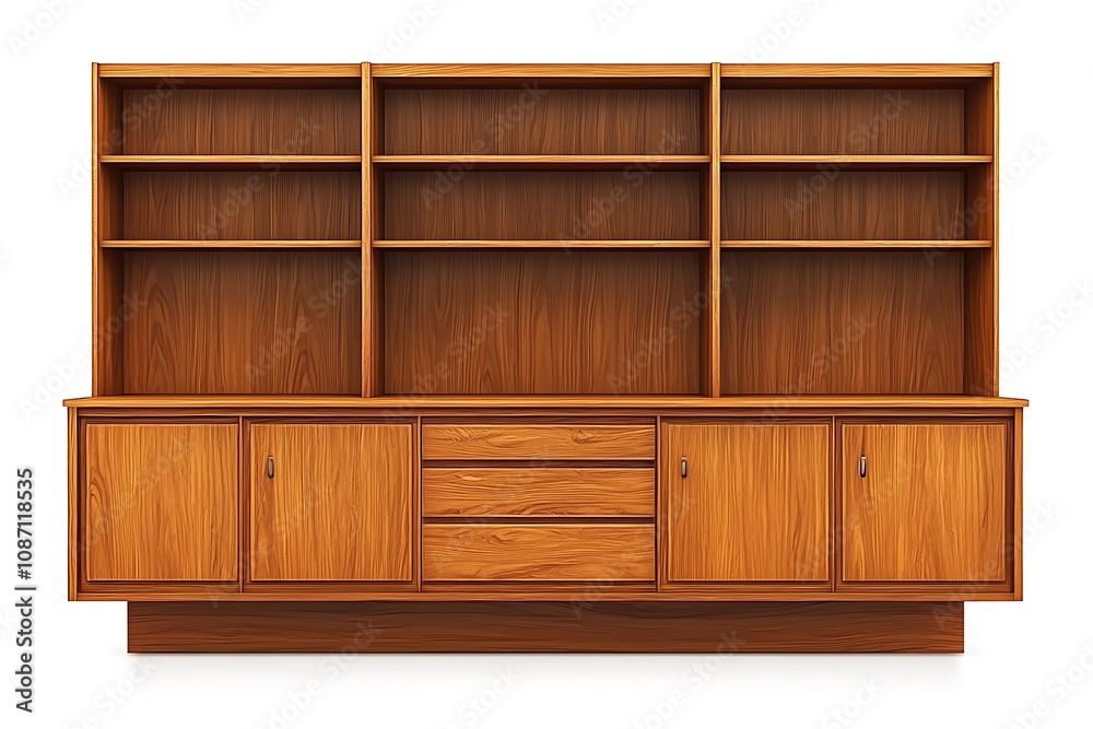 Empty Wooden Cabinet with Shelves and Drawers - Mid-Century Modern Design. Empty Wooden Cabinet with Shelves and Drawers - Mid-Century Modern Design.