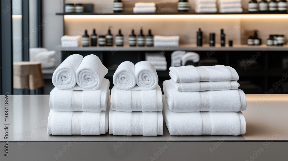Neatly stacked and rolled white towels in a modern bathroom setting with shelves of toiletries and soft lighting in the background.