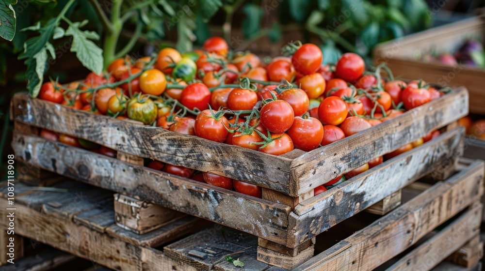 A Beautiful Display of Heirloom Tomatoes Still Warm from the Sun, Showcasing Its Vibrant Colors and Freshness in a Rustic Wooden Crate A Beautiful Display of Heirloom Tomatoes Still Warm from the Sun, Showcasing Its Vibrant Colors and Freshness in a Rustic Wooden Crate