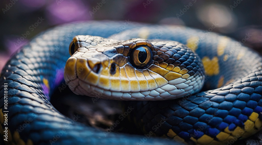 Fototapeta premium Beautiful close up portrait of a blue and yellow snake with blurry pink and purple flowers in the background. Chinese New Year 2025 illustration concept