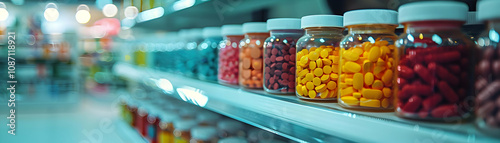 Colorful Pills in Glass Jars on Pharmacy Shelf, a Vibrant Medical Product Display