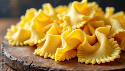 A close-up shot of freshly cut mafaldine pasta on a wooden surface. photo