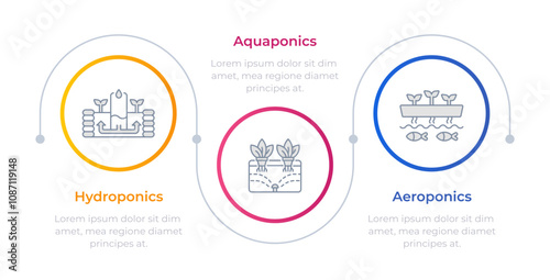 Vertical farming infographic circles. Hydroponics, aquaponics. Urban farm, agriculture. Editable thin line icons diagram process with 3 steps. Montserrat-SemiBold, Regular fonts used