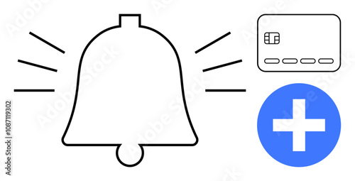 Ringing bell icon, credit card, and blue plus sign. Ideal for notifications, payments, adding, updates, financial reminders alerts and account creation. Line metaphor