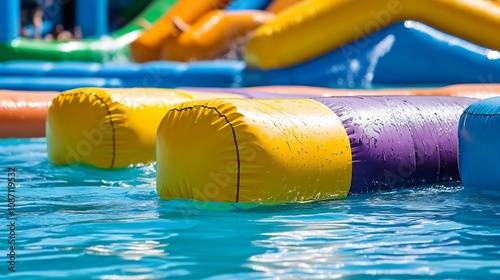 Fototapeta Naklejka Na Ścianę i Meble -  Colorful Inflatables at a Vibrant Water Park,Embodying Family Summer Fun
