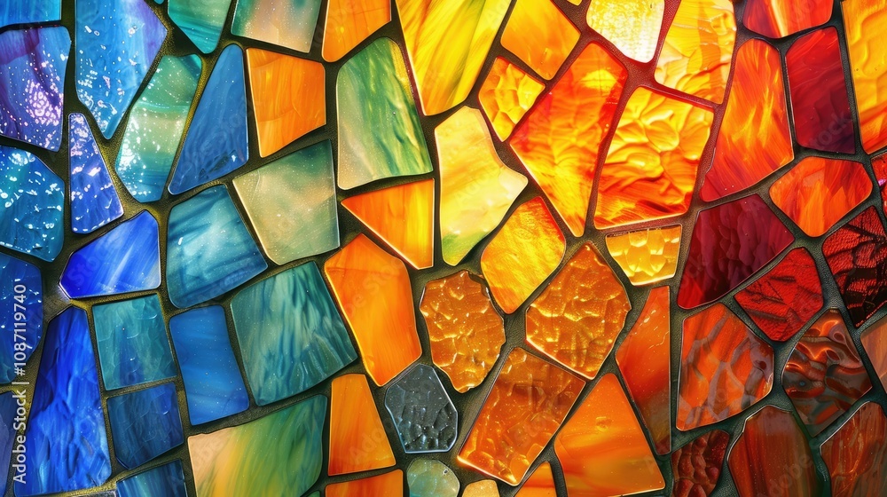 Colorful stained glass mosaic on the wall in the form of square tiles Colorful stained glass mosaic on the wall in the form of square tiles
