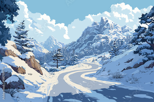 Winter landscape in the mountains with winding road. Snowy valley tall pine trees snow capped peaks rocky hills serpentine highway path. Travel journey trip nature banner design. Cartoon style vector