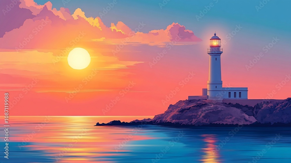A white lighthouse stands tall on a rocky cliff overlooking a vast ocean at sunset. The sun is setting in the distance, casting a warm glow over the water and sky. A white lighthouse stands tall on a rocky cliff overlooking a vast ocean at sunset. The sun is setting in the distance, casting a warm glow over the water and sky.