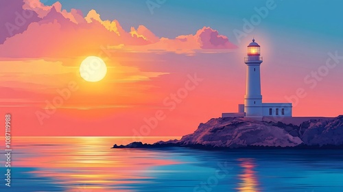 A white lighthouse stands tall on a rocky cliff overlooking a vast ocean at sunset. The sun is setting in the distance, casting a warm glow over the water and sky.