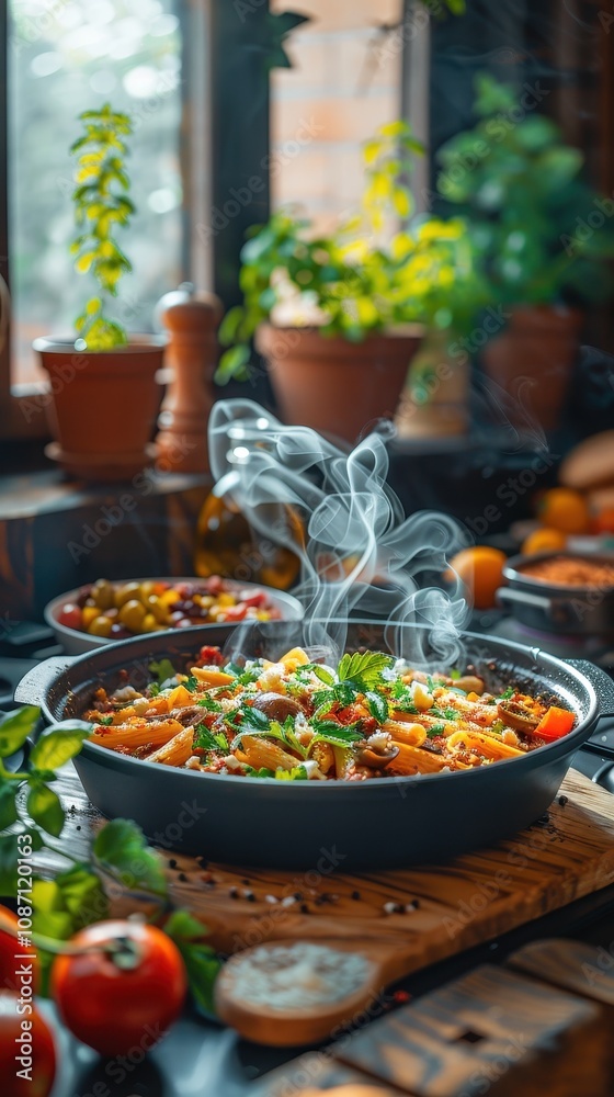 Delicious Penne Pasta Dish with Sun-Dried Tomatoes, Olives, and Feta Cheese Served in a Rustic Setting with Aromatic Herbs and Smoky Steam Rising Delicious Penne Pasta Dish with Sun-Dried Tomatoes, Olives, and Feta Cheese Served in a Rustic Setting with Aromatic Herbs and Smoky Steam Rising