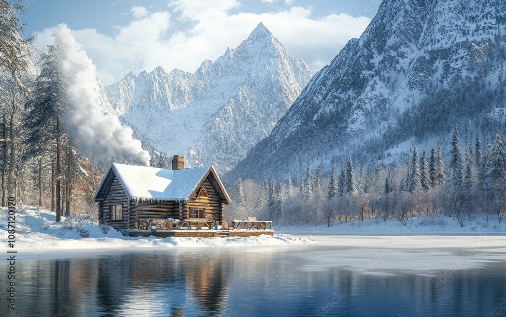 Fototapeta premium Rustic Winter Cabin: A charming wooden cabin with a steep snow-covered roof, nestled on the edge of a frozen lake, surrounded by towering snow-dusted mountains. Smoke gently rises from the chimney. --