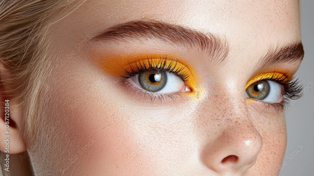 Fototapeta premium A woman with yellow eyeshadow and green eyes
