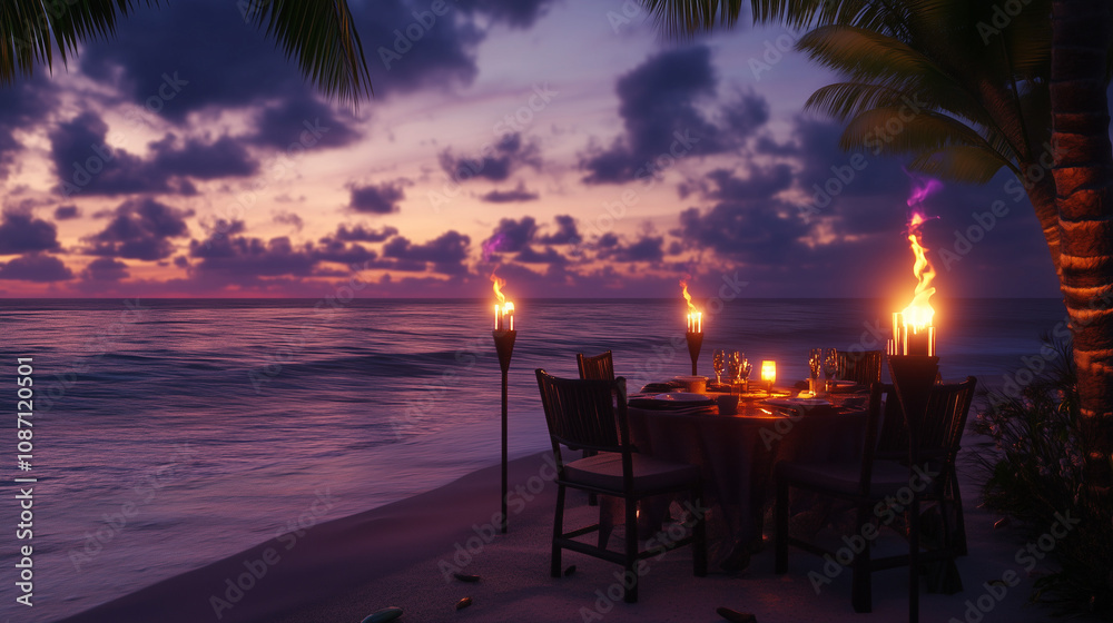 Fototapeta premium Romantic candlelit dinner setup on the beach under the twilight sky