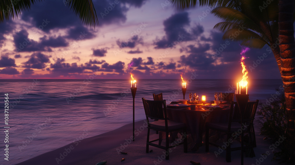 Fototapeta premium Beachside dinner setup with candles and ocean view during sunset