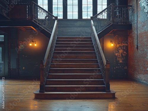 staircase showcases blend vintage and mechanical design repurposed warehouse warm Edison bulb lighting enhancing nostalgic atmosphere. photo