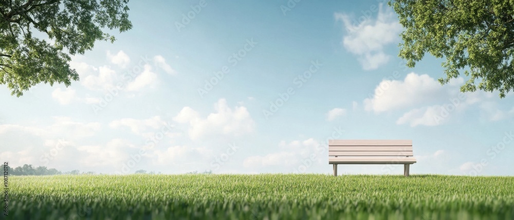 Obraz premium A peaceful park bench under a bright sky with fluffy clouds and green grass during a sunny day