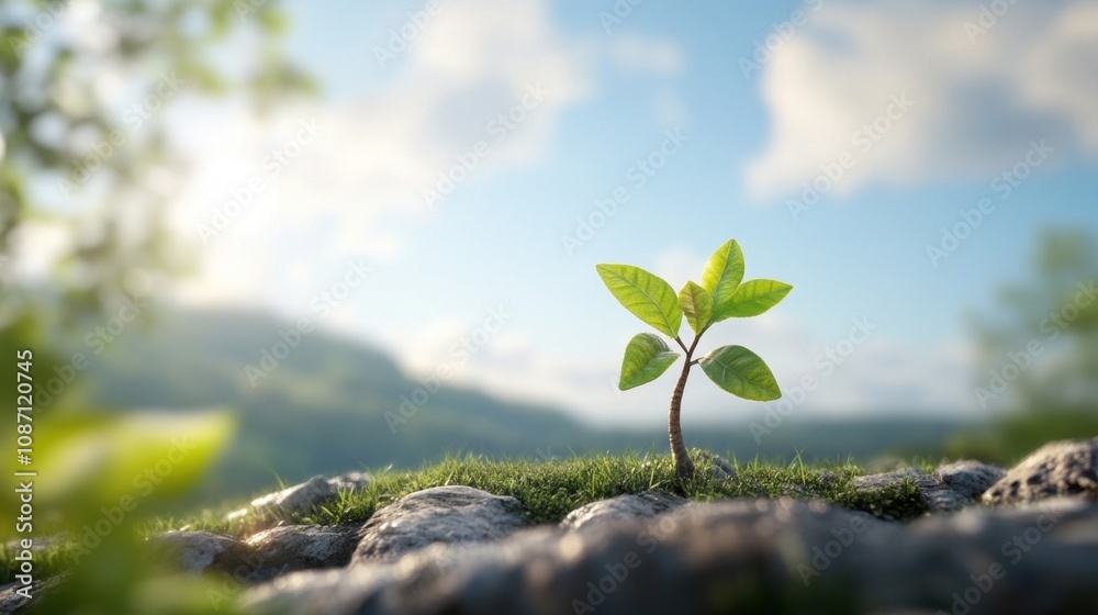 A small green plant grows among stones in a sunny landscape, symbolizing hope and renewal in nature during daytime A small green plant grows among stones in a sunny landscape, symbolizing hope and renewal in nature during daytime