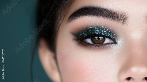 A woman with green eyes and green eye shadow