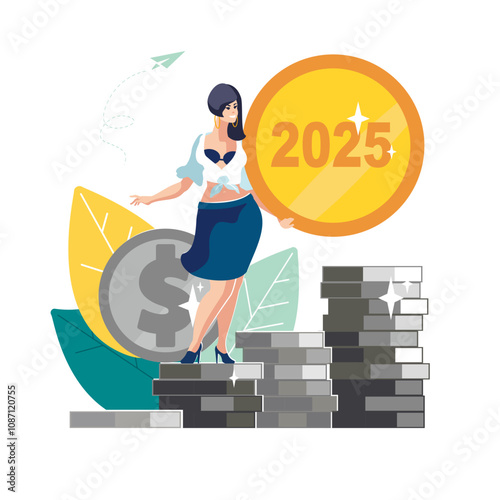 2025. Happy New Year. Business lady holds a golden penny with the numbers 2025 in her hand. Business finance, presentation. Profit of silver coins. Investments in money management. Vector illustration