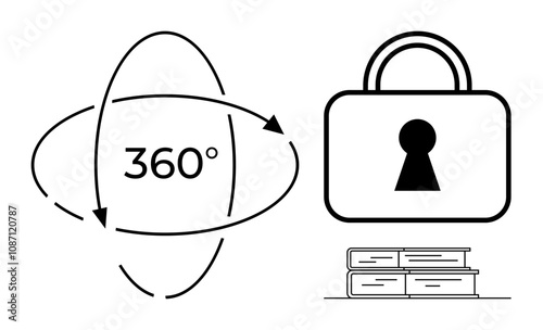 360-degree rotation arrows, security lock with keyhole, and stack of books. Ideal for security, education, knowledge, comprehensive understanding, privacy rotation concepts and online courses. Line