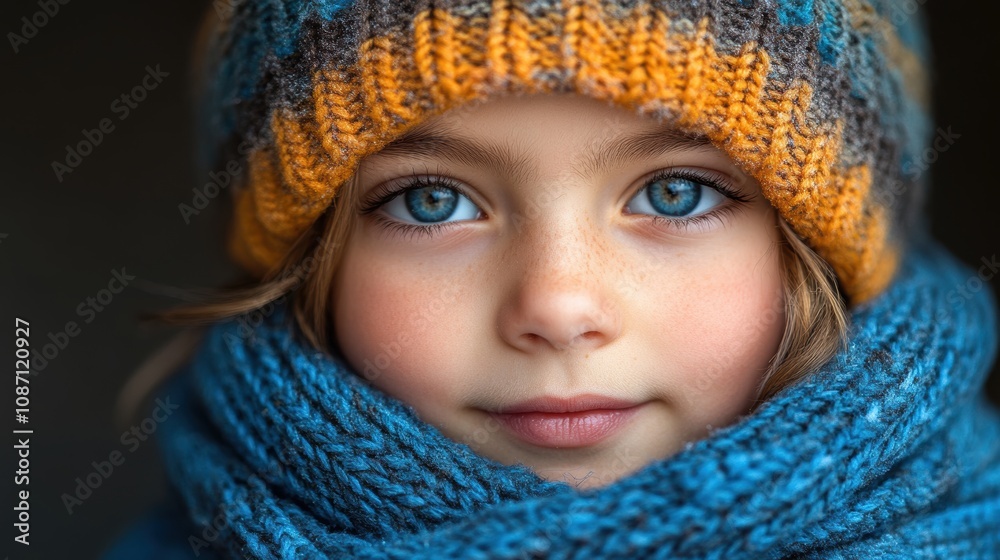 A young child warmly bundled in a colorful knitted hat and scarf, showcasing brilliant blue eyes with a serene expression, against a neutral background A young child warmly bundled in a colorful knitted hat and scarf, showcasing brilliant blue eyes with a serene expression, against a neutral background